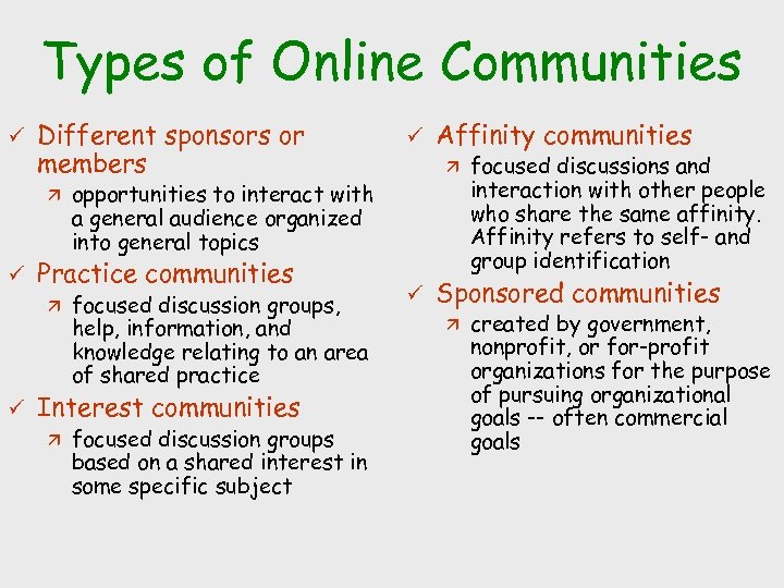 Types of Online Communities ü Different sponsors or members ä ü ü focused discussion