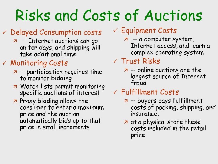 Risks and Costs of Auctions ü Delayed Consumption costs ä ü ü -- Internet