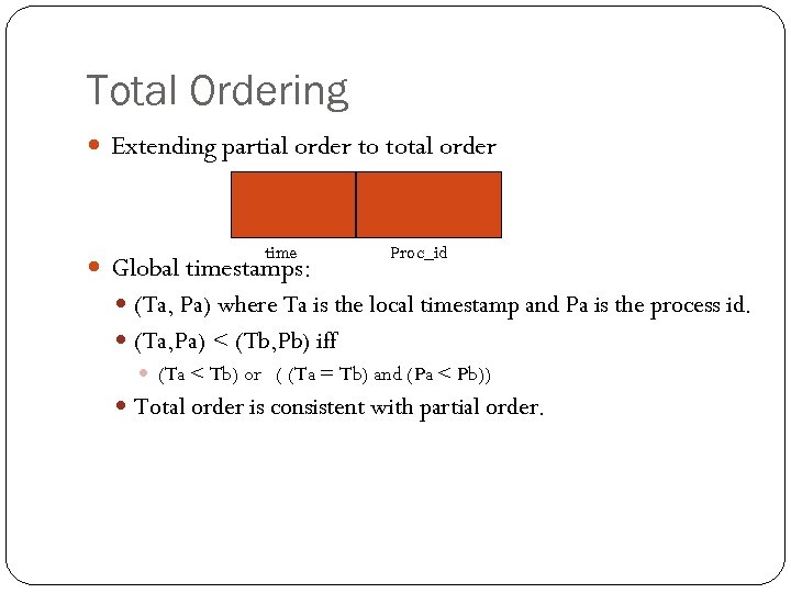 Total Ordering Extending partial order to total order time Global timestamps: Proc_id (Ta, Pa)