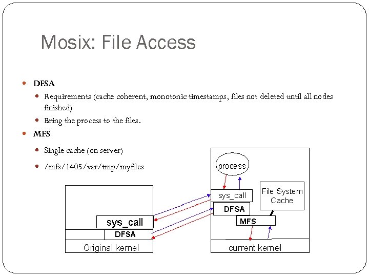 Mosix: File Access DFSA Requirements (cache coherent, monotonic timestamps, files not deleted until all