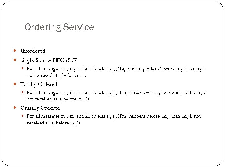 Ordering Service Unordered Single-Source FIFO (SSF) For all messages m 1, m 2 and