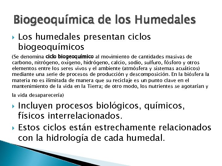 Biogeoquímica de los Humedales Los humedales presentan ciclos biogeoquímicos (Se denomina ciclo biogeoquímico al