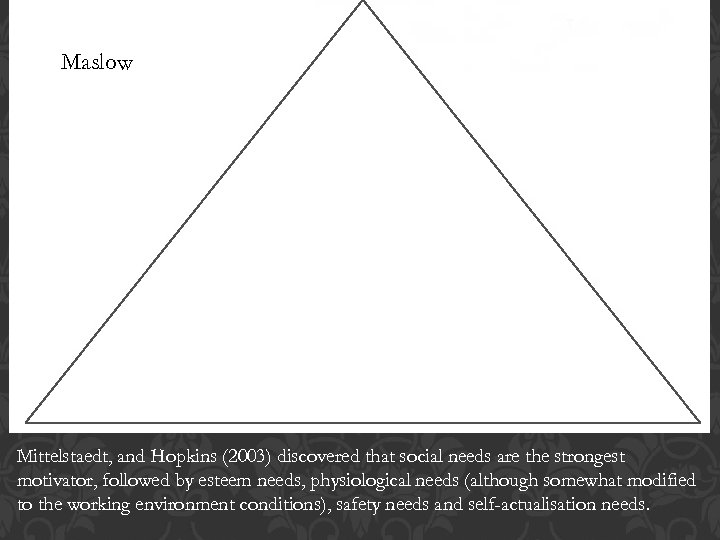 Maslow Mittelstaedt, and Hopkins (2003) discovered that social needs are the strongest motivator, followed