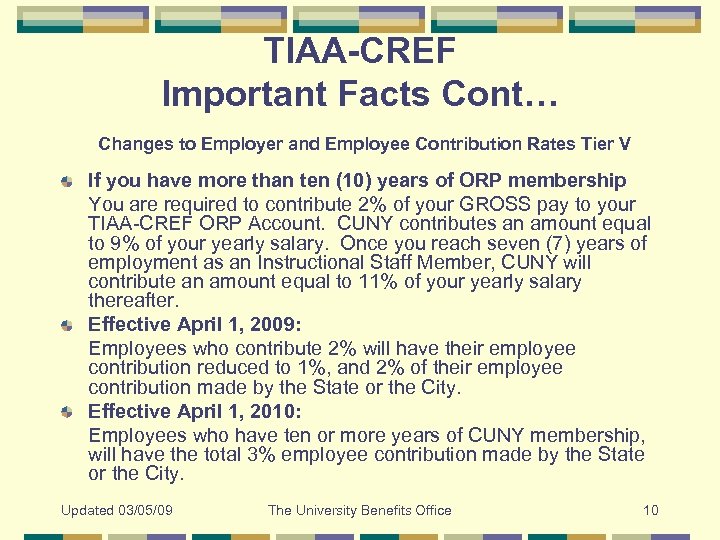 TIAA-CREF Important Facts Cont… Changes to Employer and Employee Contribution Rates Tier V If
