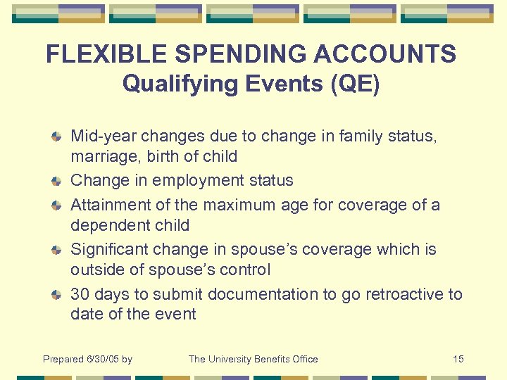 FLEXIBLE SPENDING ACCOUNTS Qualifying Events (QE) Mid-year changes due to change in family status,