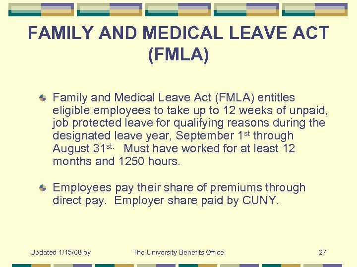 FAMILY AND MEDICAL LEAVE ACT (FMLA) Family and Medical Leave Act (FMLA) entitles eligible