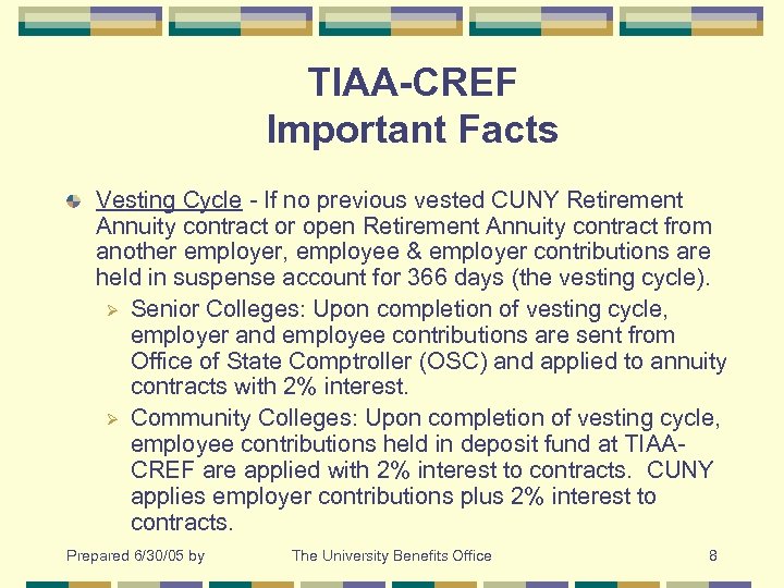 TIAA-CREF Important Facts Vesting Cycle - If no previous vested CUNY Retirement Annuity contract
