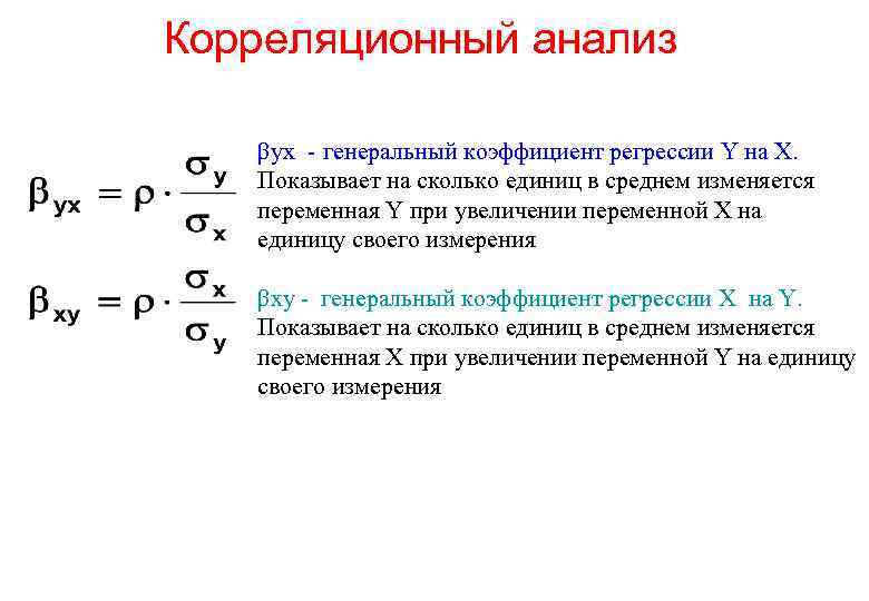 Корреляционный анализ βyx - генеральный коэффициент регрессии Y на X. Показывает на сколько единиц