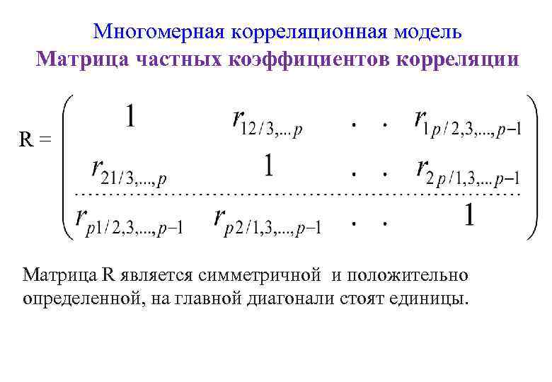 Многомерная корреляционная модель Матрица частных коэффициентов корреляции R= Матрица R является симметричной и положительно