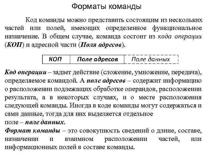 Форматы команды Код команды можно представить состоящим из нескольких частей или полей, имеющих определенное