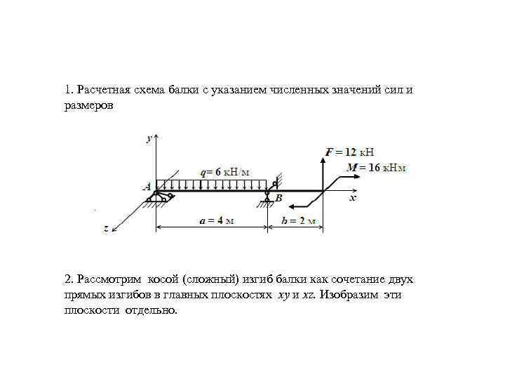 1. Расчетная схема балки с указанием численных значений сил и размеров 2. Рассмотрим косой