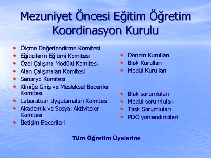 Mezuniyet Öncesi Eğitim Öğretim Koordinasyon Kurulu • • • Ölçme Değerlendirme Komitesi Eğiticilerin Eğitimi