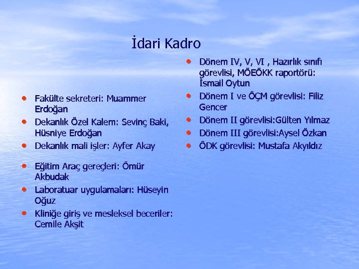 İdari Kadro • Dönem IV, V, VI , Hazırlık sınıfı • Fakülte sekreteri: Muammer