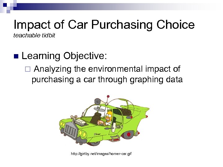 Impact of Car Purchasing Choice teachable tidbit n Learning Objective: ¨ Analyzing the environmental