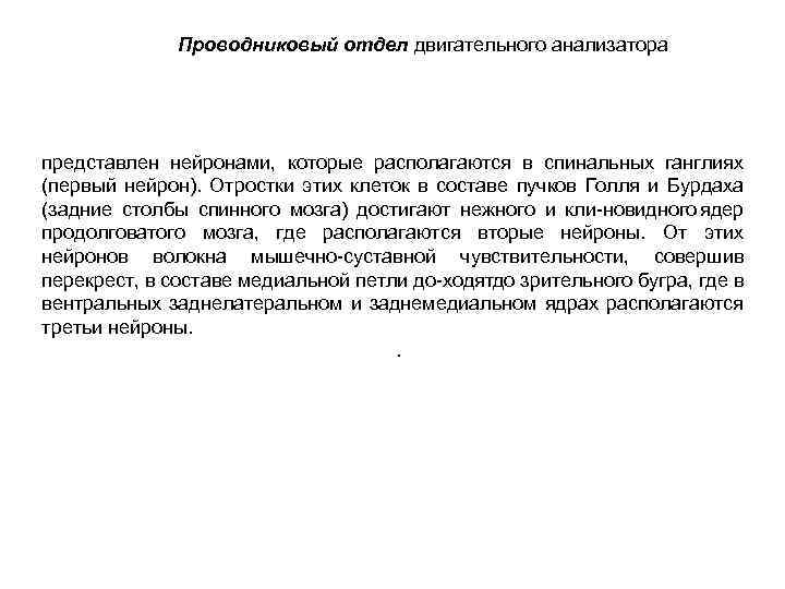 Проводниковый отдел двигательного анализатора представлен нейронами, которые располагаются в спинальных ганглиях (первый нейрон). Отростки