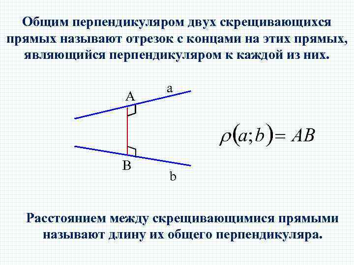 Общим перпендикуляром двух скрещивающихся прямых называют отрезок с концами на этих прямых, являющийся перпендикуляром