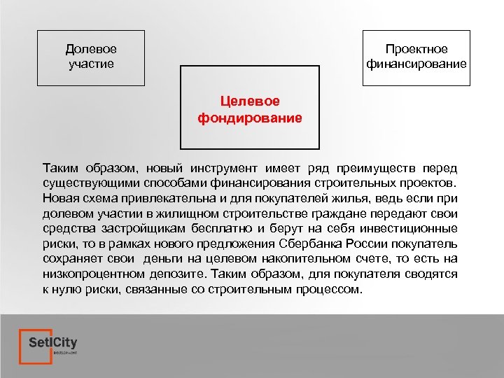 Проектное финансирование Долевое участие Целевое фондирование Таким образом, новый инструмент имеет ряд преимуществ перед