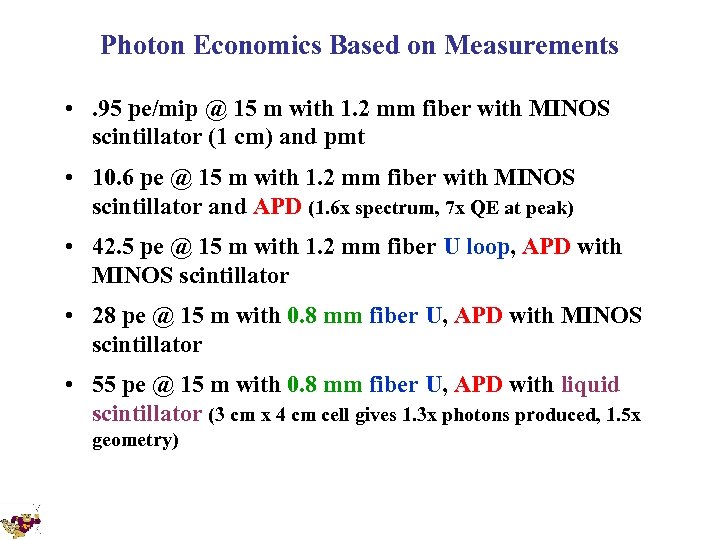 Photon Economics Based on Measurements • . 95 pe/mip @ 15 m with 1.