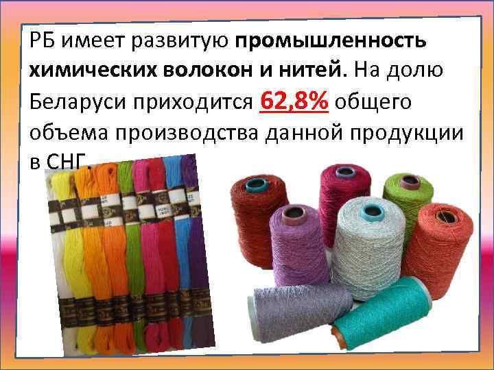 РБ имеет развитую промышленность химических волокон и нитей. На долю Беларуси приходится 62, 8%