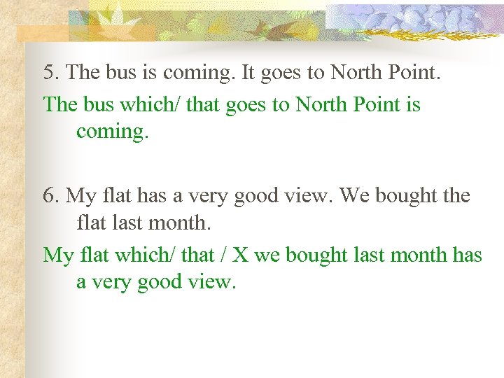 5. The bus is coming. It goes to North Point. The bus which/ that