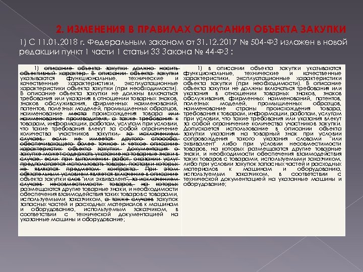 2. ИЗМЕНЕНИЯ В ПРАВИЛАХ ОПИСАНИЯ ОБЪЕКТА ЗАКУПКИ 1) С 11. 01. 2018 г. Федеральным