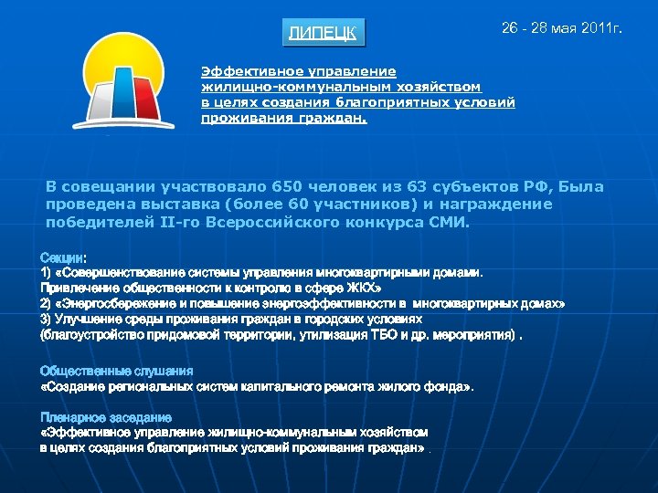 ЛИПЕЦК 26 - 28 мая 2011 г. Эффективное управление жилищно-коммунальным хозяйством в целях создания