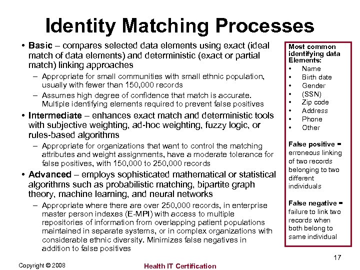 Identity Matching Processes • Basic – compares selected data elements using exact (ideal match