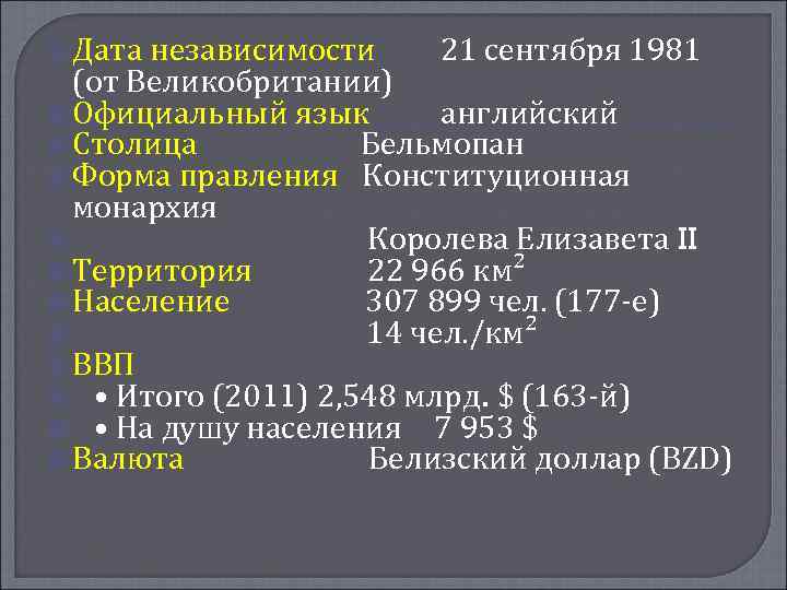  Дата независимости 21 сентября 1981 (от Великобритании) Официальный язык английский Столица Бельмопан Форма
