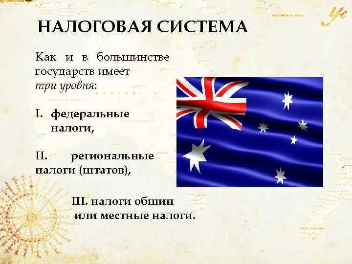 НАЛОГОВАЯ СИСТЕМА. Как и в большинстве государств имеет три уровня: I. федеральные налоги, II.