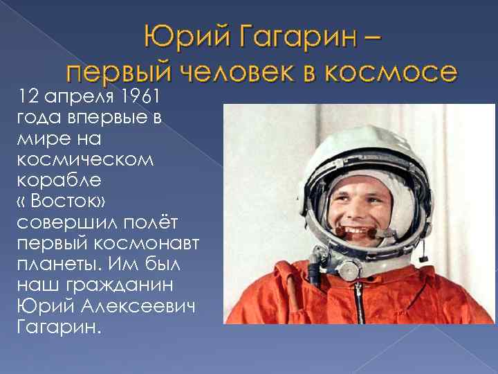 Юрий Гагарин – первый человек в космосе 12 апреля 1961 года впервые в мире