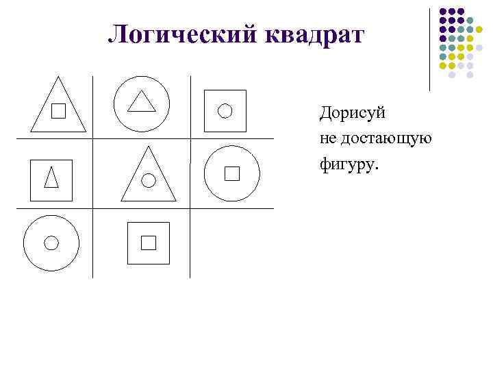Логический квадрат Дорисуй не достающую фигуру. 