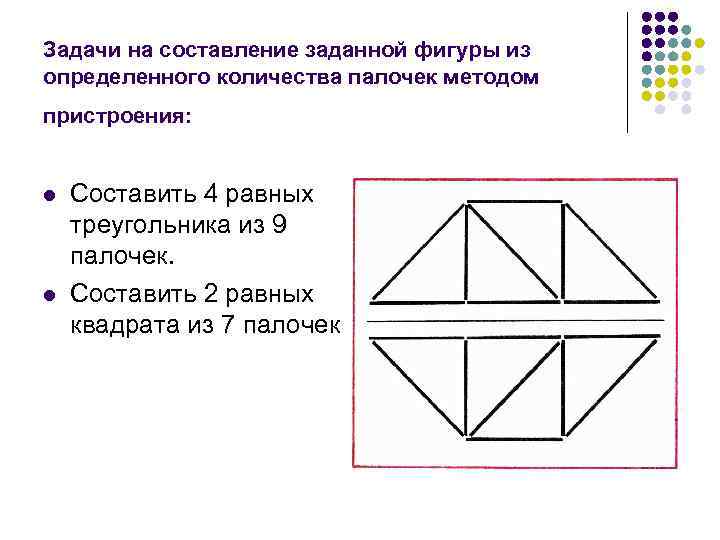 Задачи на составление заданной фигуры из определенного количества палочек методом пристроения: l l Составить