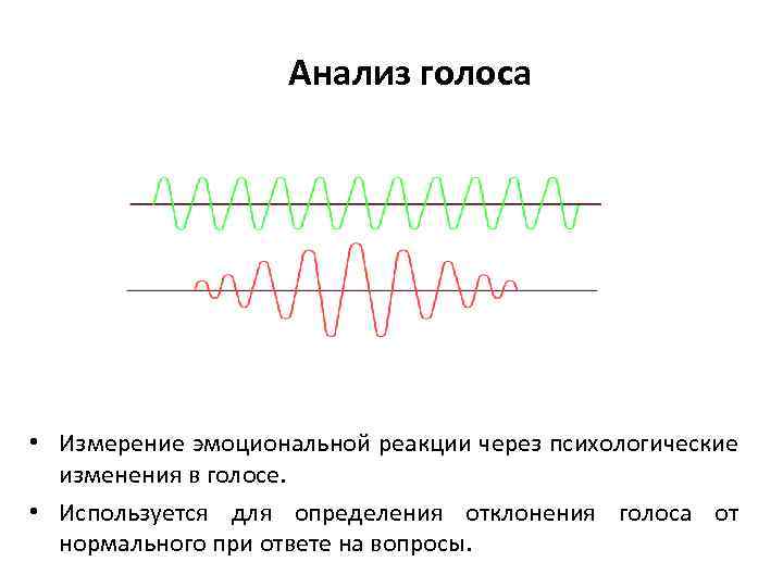 Анализ голоса • Измерение эмоциональной реакции через психологические изменения в голосе. • Используется для