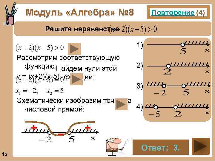 Модуль «Алгебра» № 8 Повторение (4) Решите неравенство 1). Рассмотрим соответствующую функцию Найдем нули