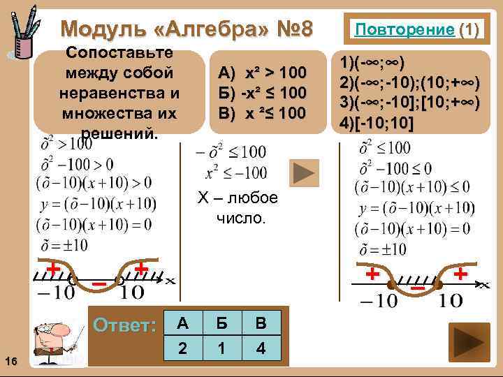 Модуль «Алгебра» № 8 Сопоставьте между собой неравенства и множества их решений. А) х²