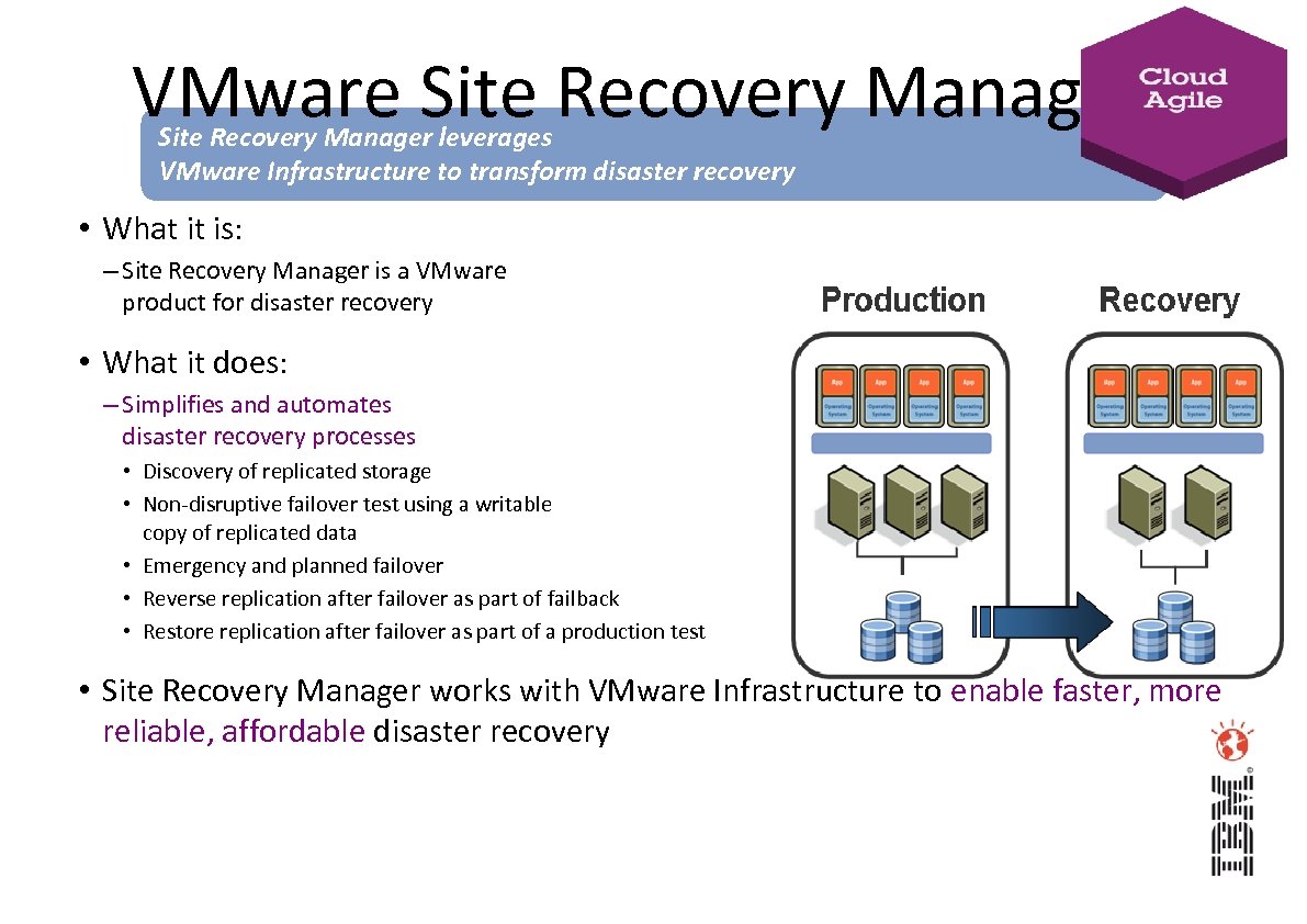 VMware Site Recovery Manager leverages VMware Infrastructure to transform disaster recovery • What it