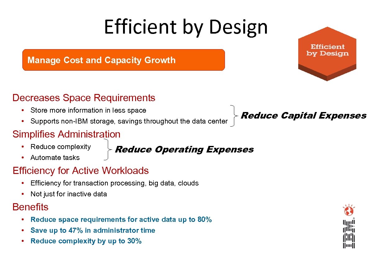 Efficient by Design Manage Cost and Capacity Growth Decreases Space Requirements • Store more