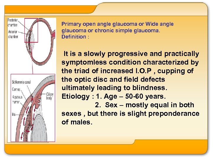 Primary open angle glaucoma or Wide angle glaucoma or chronic simple glaucoma. Definition :