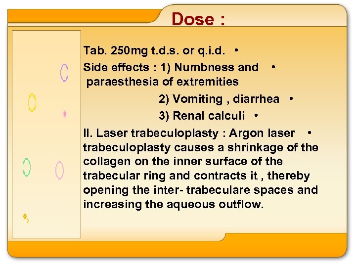 Dose : Tab. 250 mg t. d. s. or q. i. d. • Side