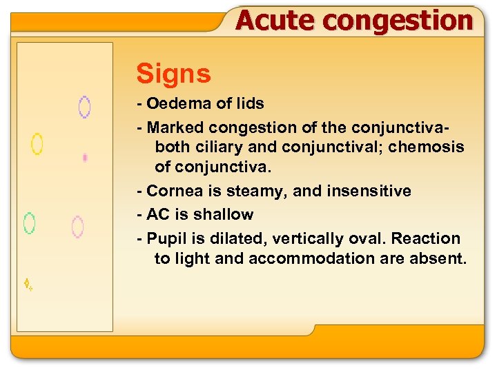 Acute congestion Signs - Oedema of lids - Marked congestion of the conjunctivaboth ciliary