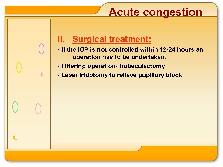 Acute congestion II. Surgical treatment: - If the IOP is not controlled within 12