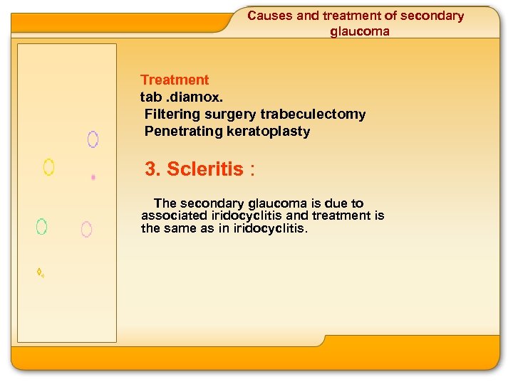 Causes and treatment of secondary glaucoma Treatment tab. diamox. Filtering surgery trabeculectomy Penetrating keratoplasty