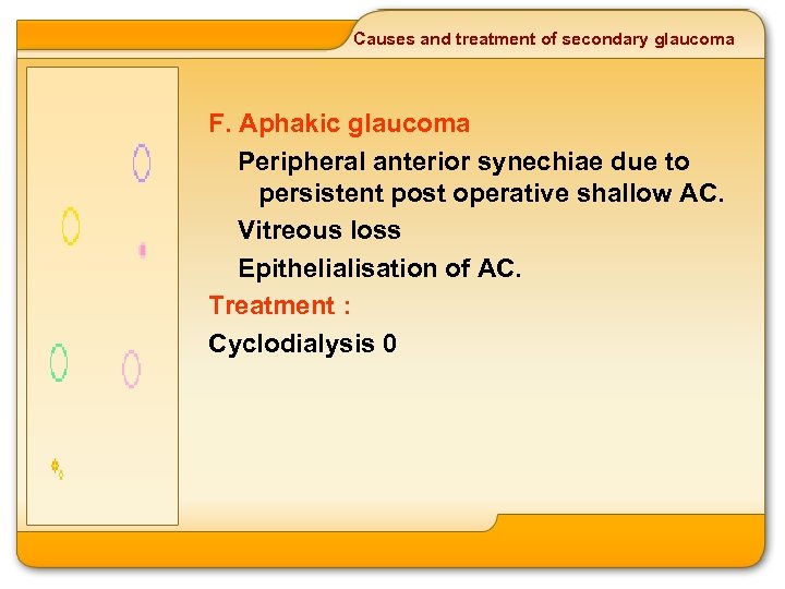 Causes and treatment of secondary glaucoma F. Aphakic glaucoma Peripheral anterior synechiae due to