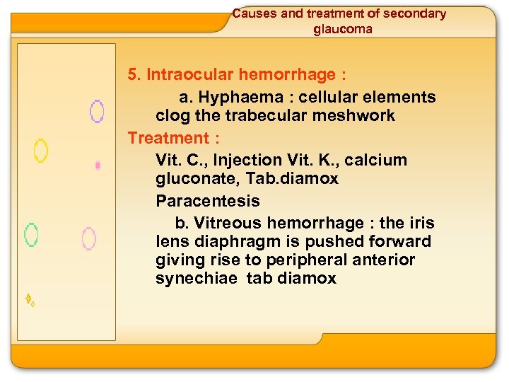Causes and treatment of secondary glaucoma 5. Intraocular hemorrhage : a. Hyphaema : cellular
