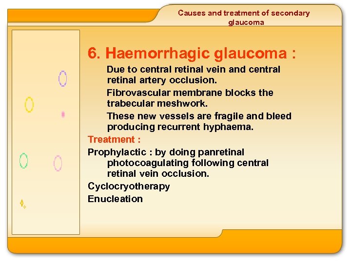 Causes and treatment of secondary glaucoma 6. Haemorrhagic glaucoma : Due to central retinal