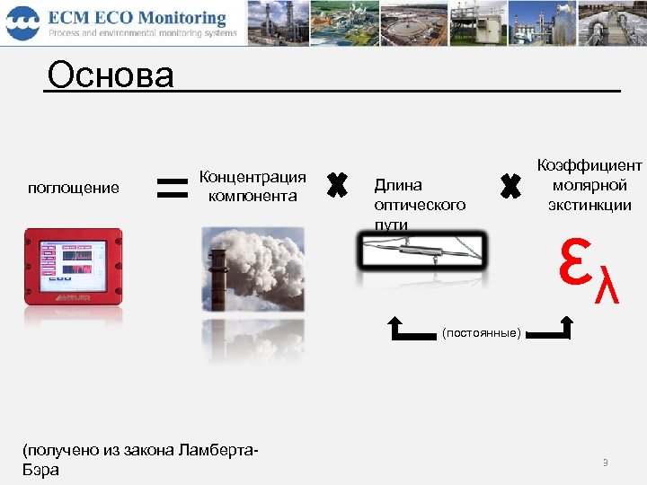 Основа поглощение = Концентрация компонента Длина оптического пути Коэффициент молярной экстинкции ελ (постоянные) (получено