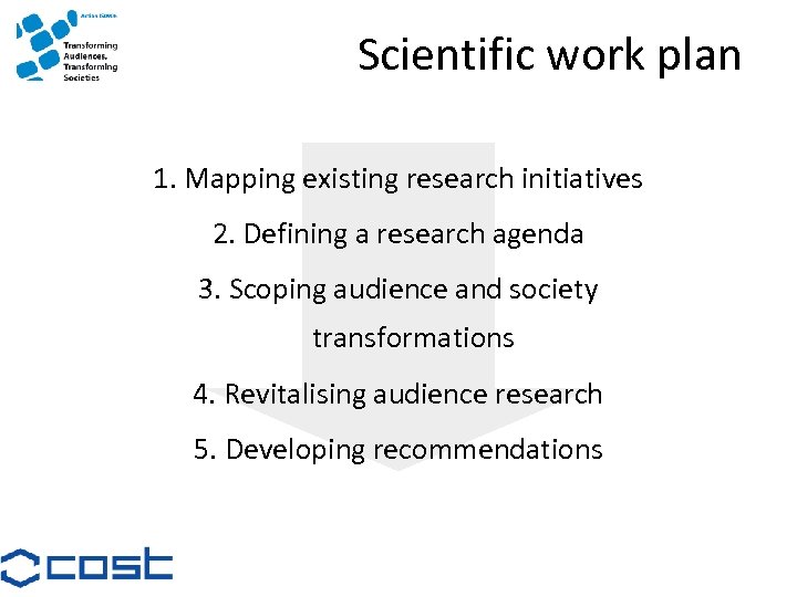 Scientific work plan 1. Mapping existing research initiatives 2. Defining a research agenda 3.