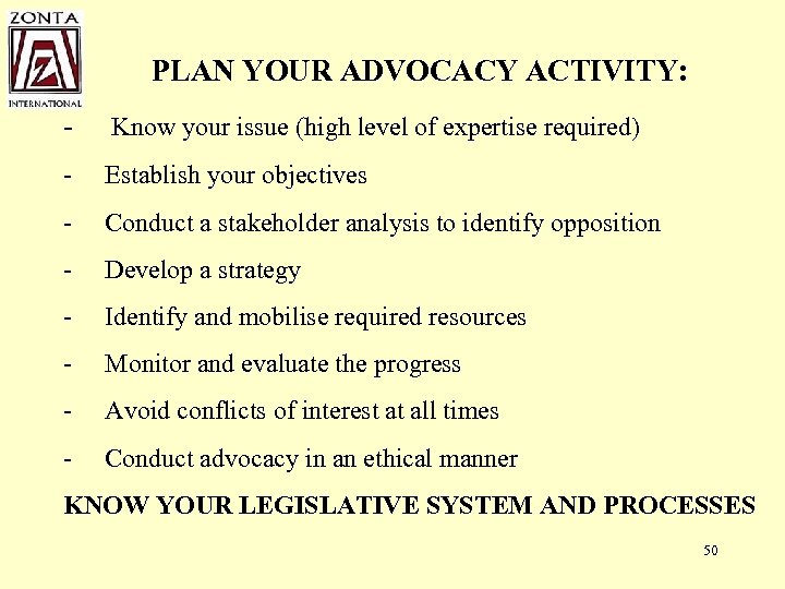 PLAN YOUR ADVOCACY ACTIVITY: - Know your issue (high level of expertise required) -