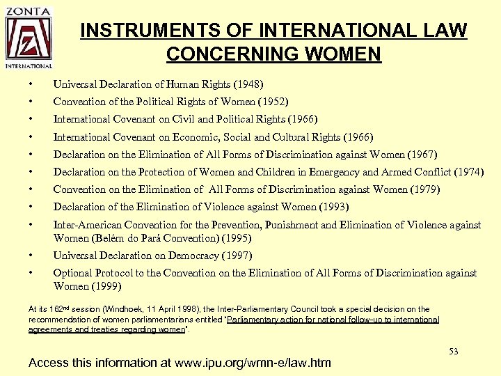 INSTRUMENTS OF INTERNATIONAL LAW CONCERNING WOMEN • Universal Declaration of Human Rights (1948) •