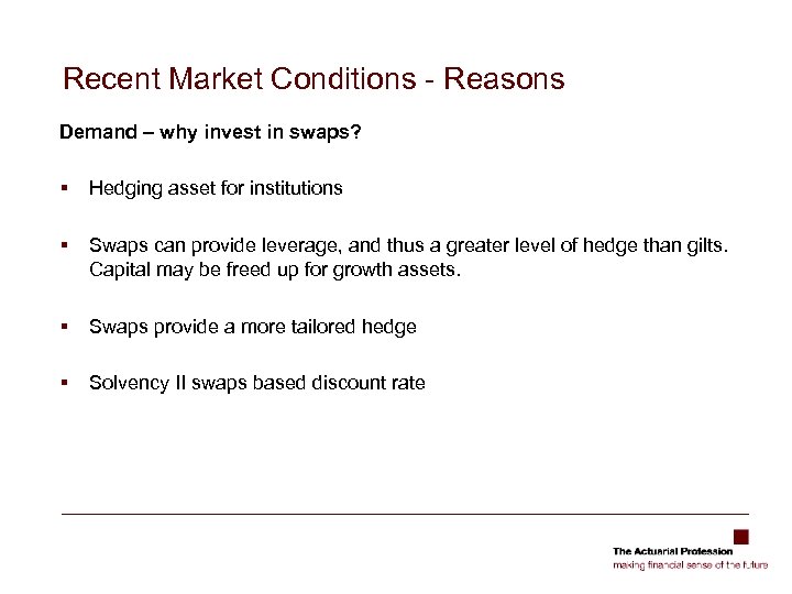 Recent Market Conditions - Reasons Demand – why invest in swaps? § Hedging asset